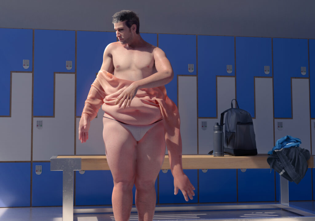 A man loses weight through weight control hypnosis. Conceptual image of a slim man stepping out of an overweight body, after asking how do you get slim.